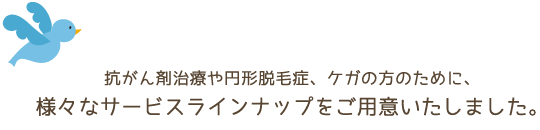 抗がん剤治療や円形脱毛症、ケガの方のために、様々なサービスラインナップをご用意いたしました。