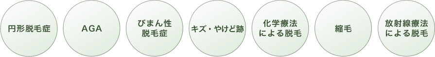 円形脱毛症　AGA　びまん性脱毛症　キズ・やけど跡　化学療法による脱毛　縮毛　放射線療法による脱毛