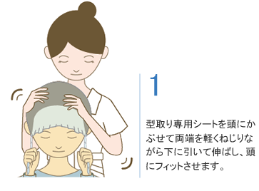 型取り専用シートを頭にかぶせて両端を軽くねじりながら下に引いて伸ばし、頭にフィットさせます。